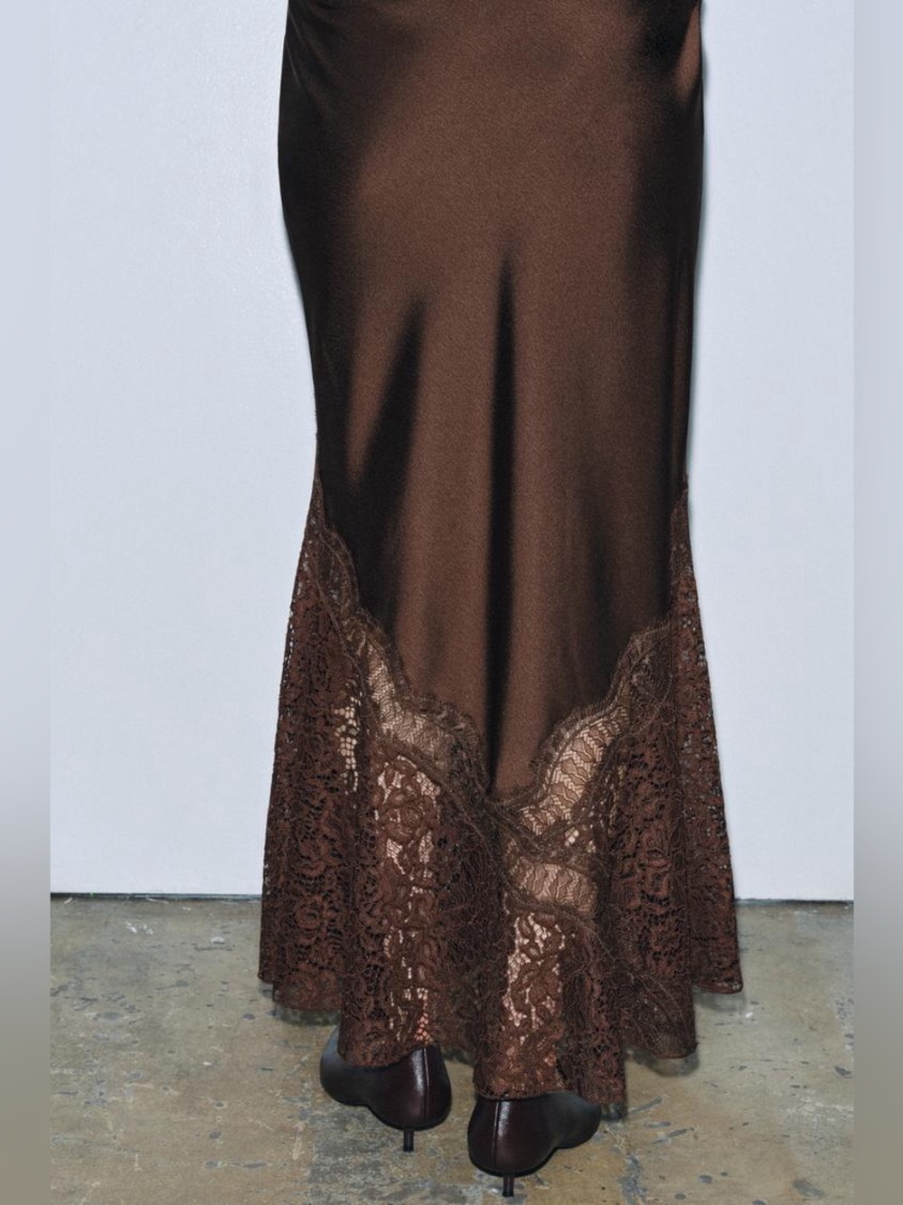 NWOT. Zara ZW Collection Brown High-waist Satin Midi Skirt with Lace. Size S. - Picture 7 of 14